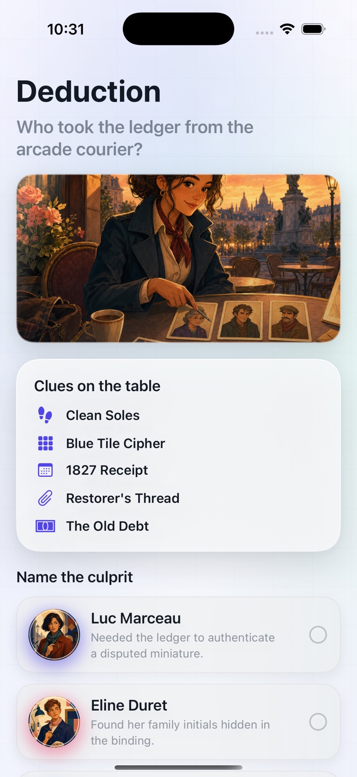 Deduction screen showing clues and suspects