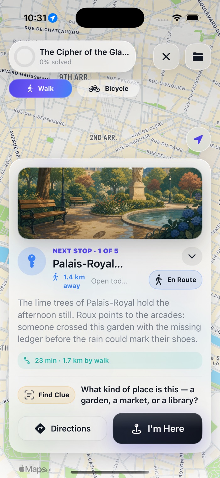 Journey map screen with a walkable Paris route