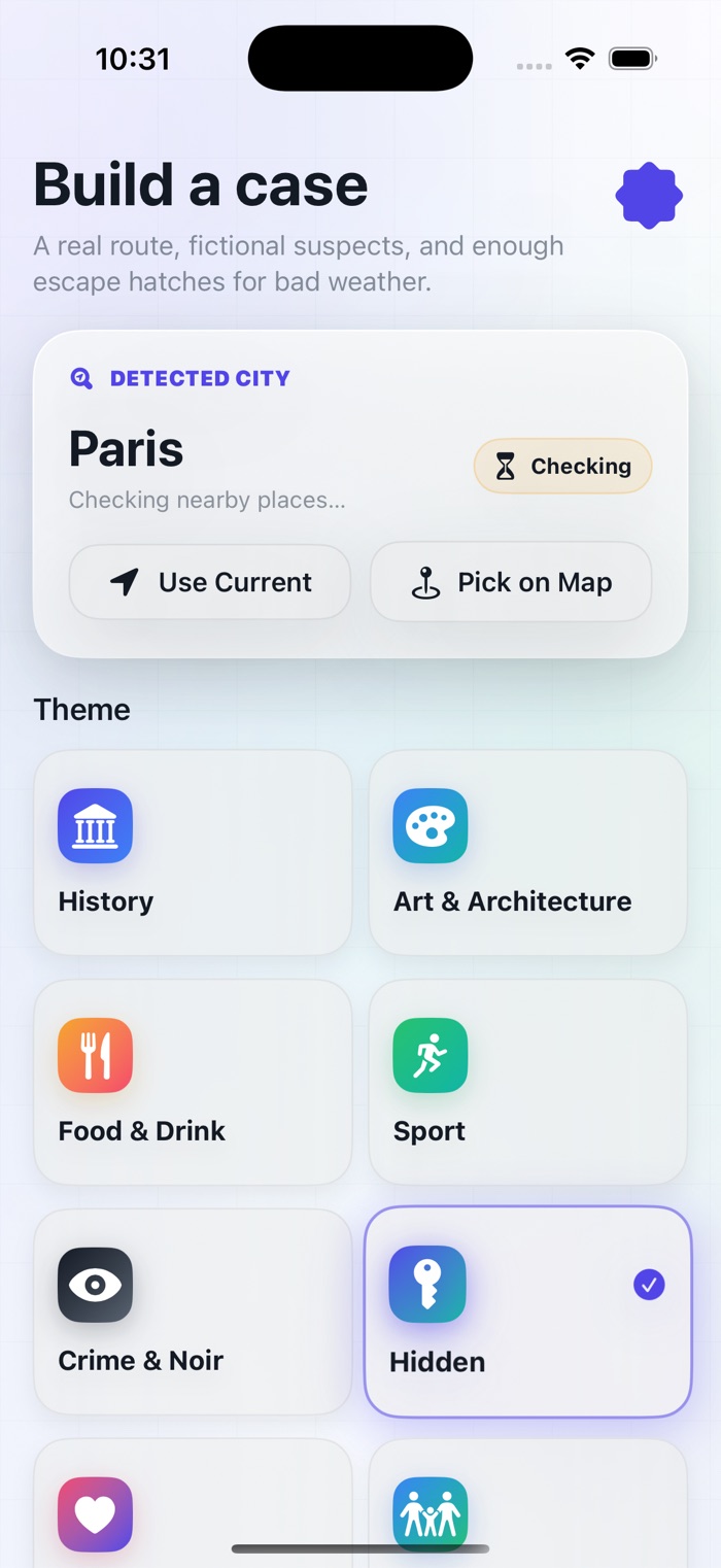 Build a case screen: detected city Paris with a grid of themes